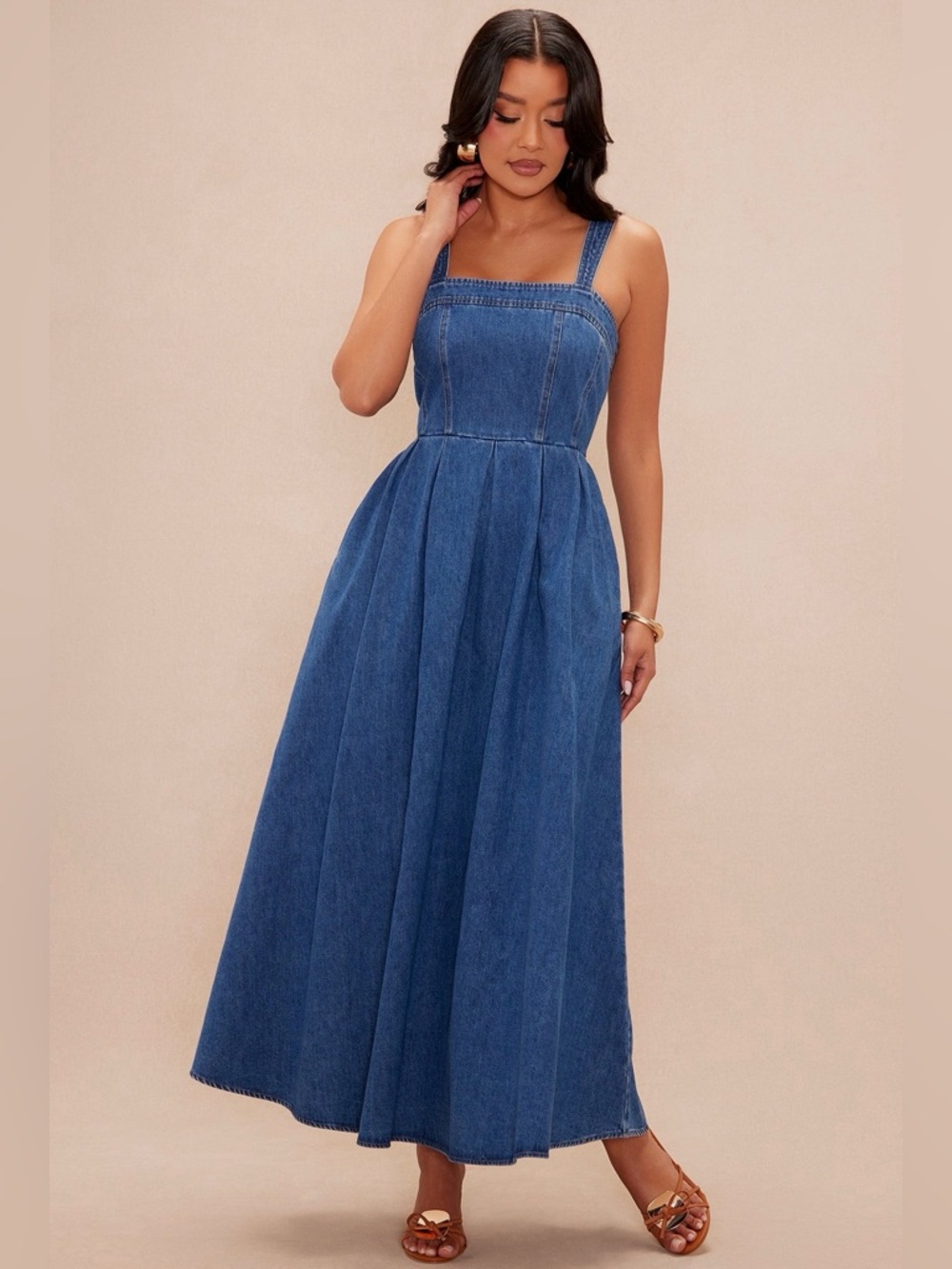 Fashion Nova Luxe Andreah Denim Maxi Dress A-Line Square Neck Medium Wash New